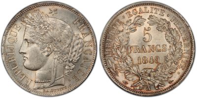 PCGS-MS63法国1849年谷物女神5法郎银币 - PCGS-MS63法国1849年谷物女神5法郎银币