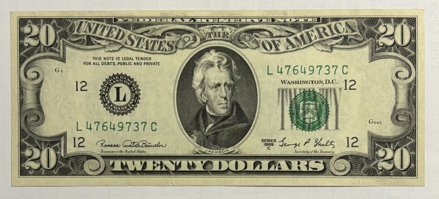 Chase Auction 第28期 - - 外钞、民国钞和人民币混合场！ 1969C 20美元 小头经典 联邦储备券 （1969系列中收官年份 发行量最少）