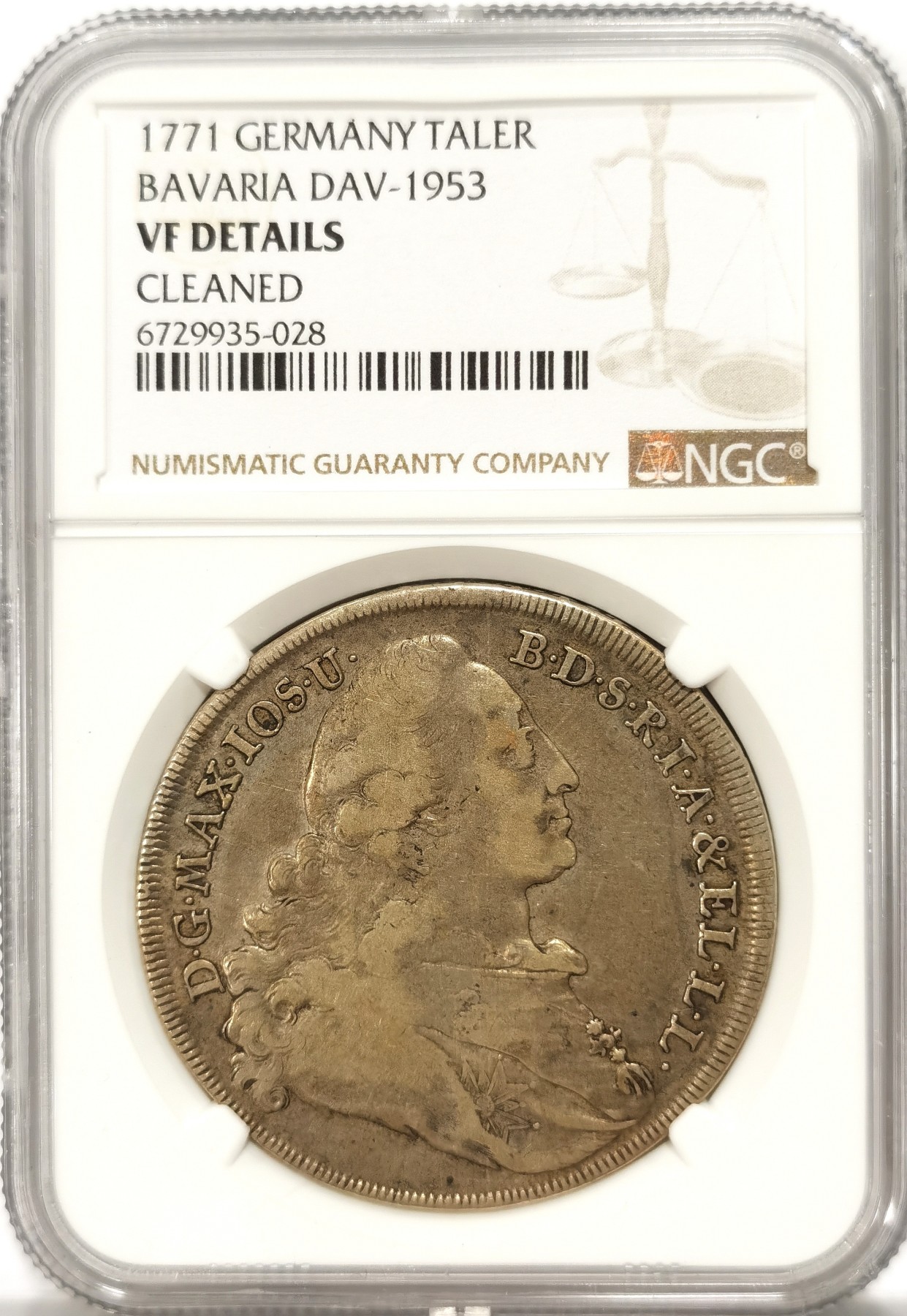 博洋堂世界钱币拍卖第098期（全场包邮） NGC VF 德国巴伐利亚1771年圣母抱婴1泰勒大银币