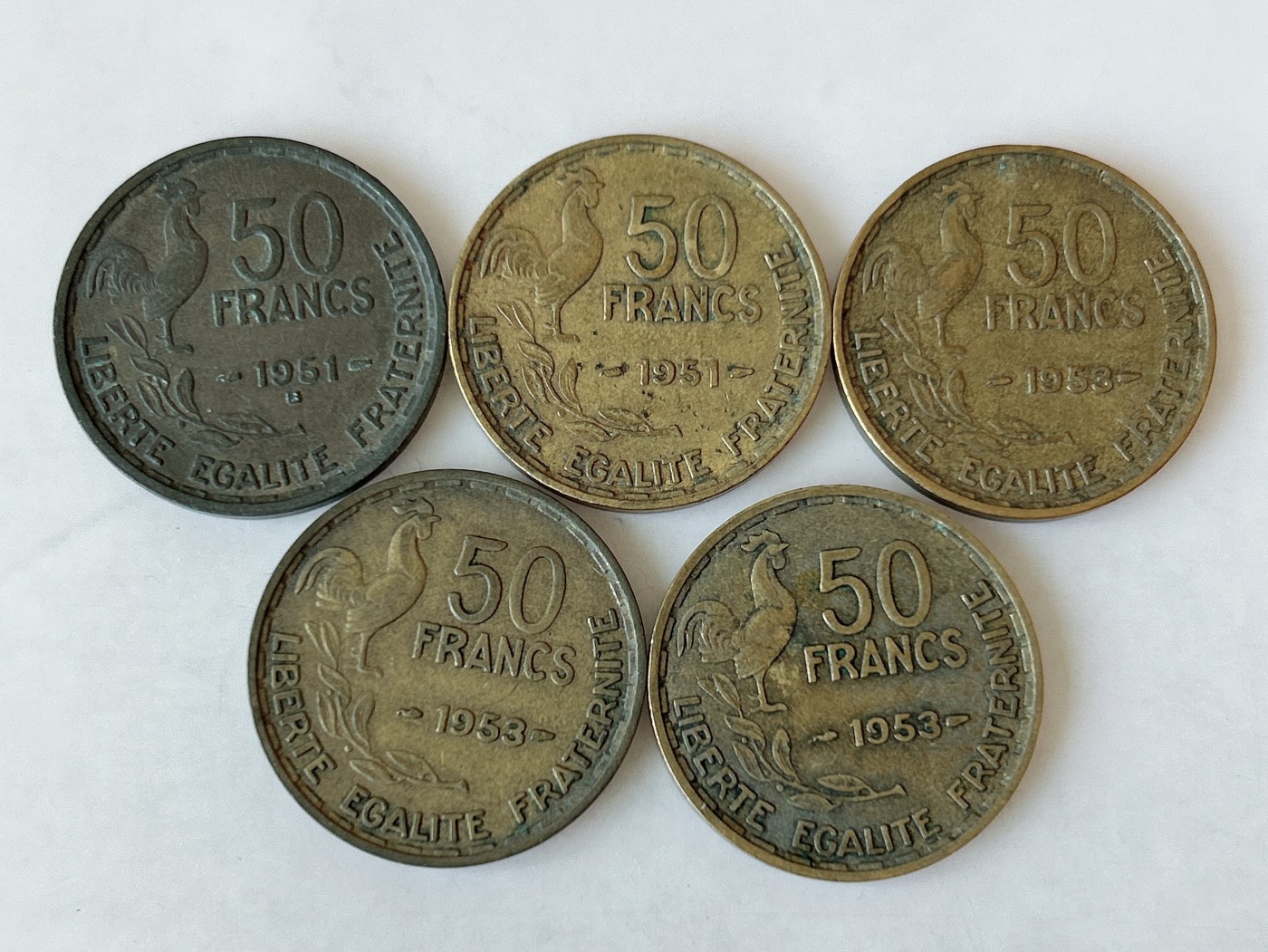 第一海外回流一元起拍收藏 散币专场 第82期 法国50法郎铜币 5枚