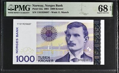《张总收藏》146期-外币精品荟萃 - 挪威1000克朗 PMG68E 2001年首发年 挪威表现主义画家蒙克 无4 冠军分