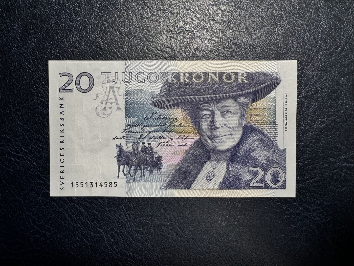 收藏联盟Quantum Auction 第339期拍卖  瑞典1991年20克朗 品相全新UNC 首发年份第一签 诺贝尔文学奖得主 拉格诺芙