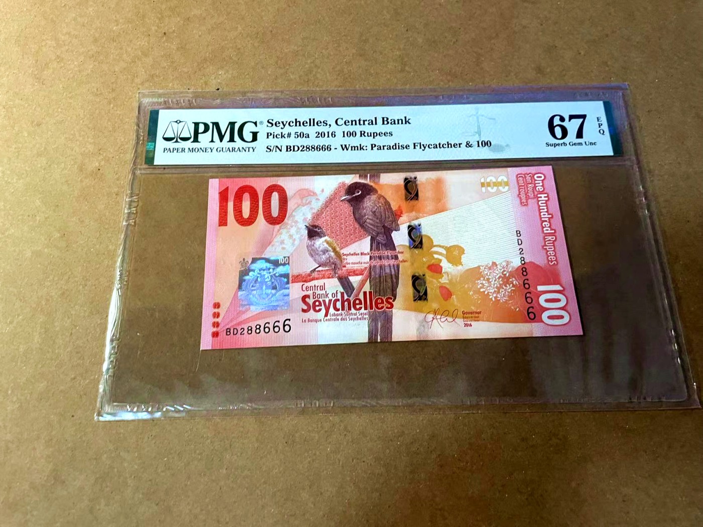 【Blue Auction】✨世界纸币精拍第464期【精】 【666豹子号无47】塞舌尔 2016年100卢比 PMG67EPQ 高分