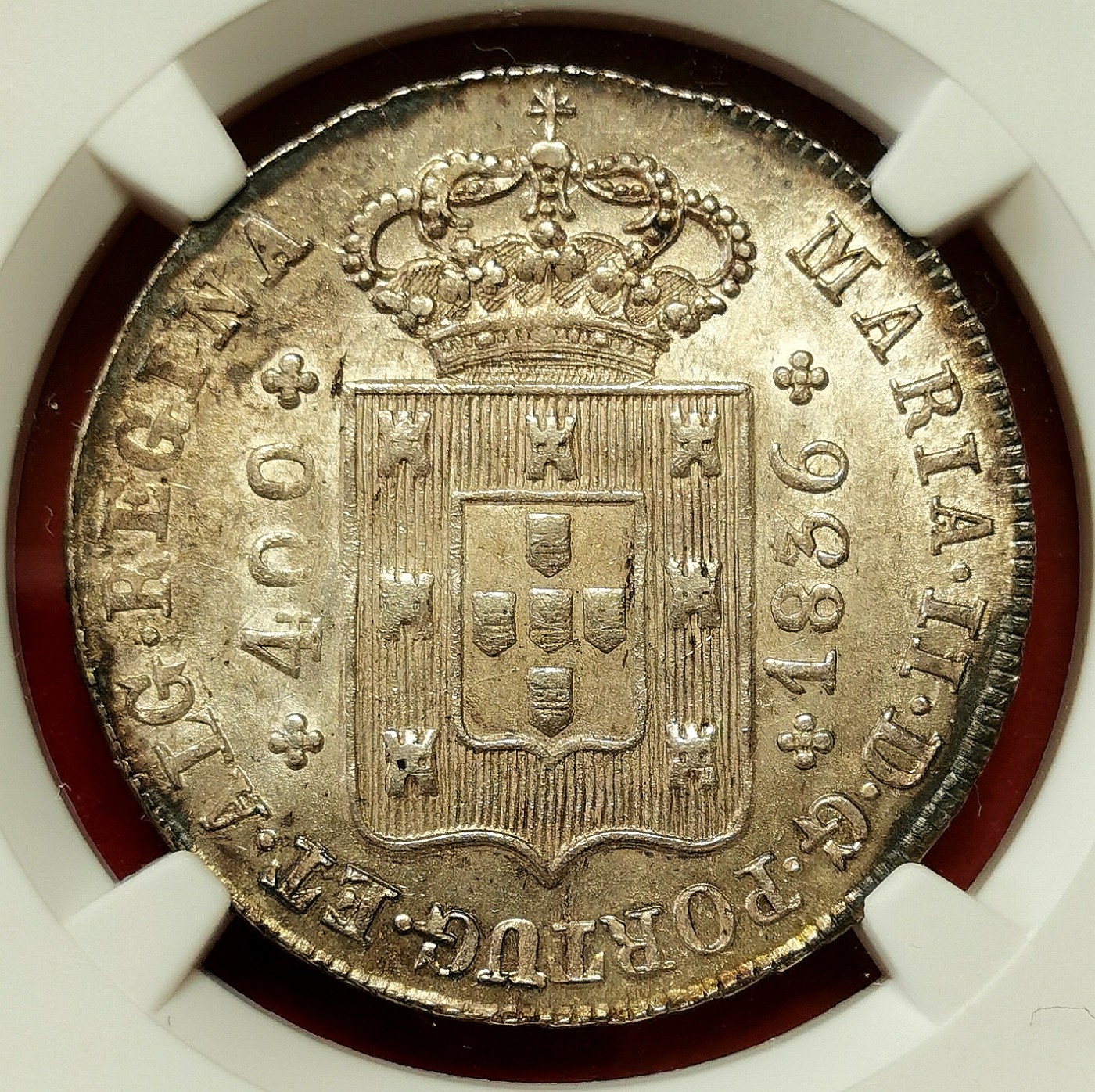 凡希社世界钱币微拍第二百六十六期 1836葡萄牙玛丽二世400R十字银币NGC-MS62，淡金彩养眼！请参考视频。