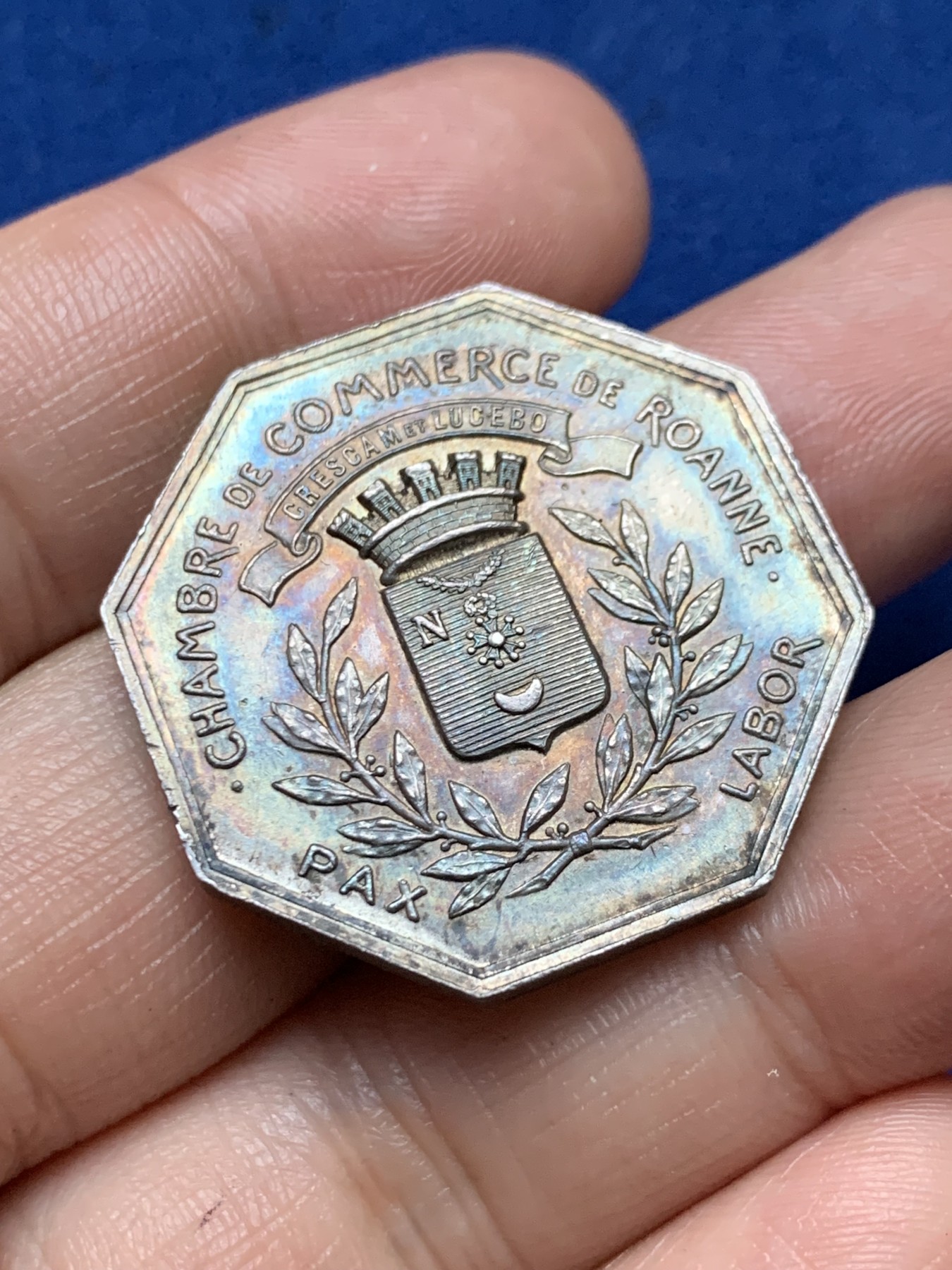 《竞宝斋》第262场-周日，周一，周二 3场连拍 (全场包邮) 法国罗纳商会八角银质代币，15.99g，32.2mm，丰饶角边铭