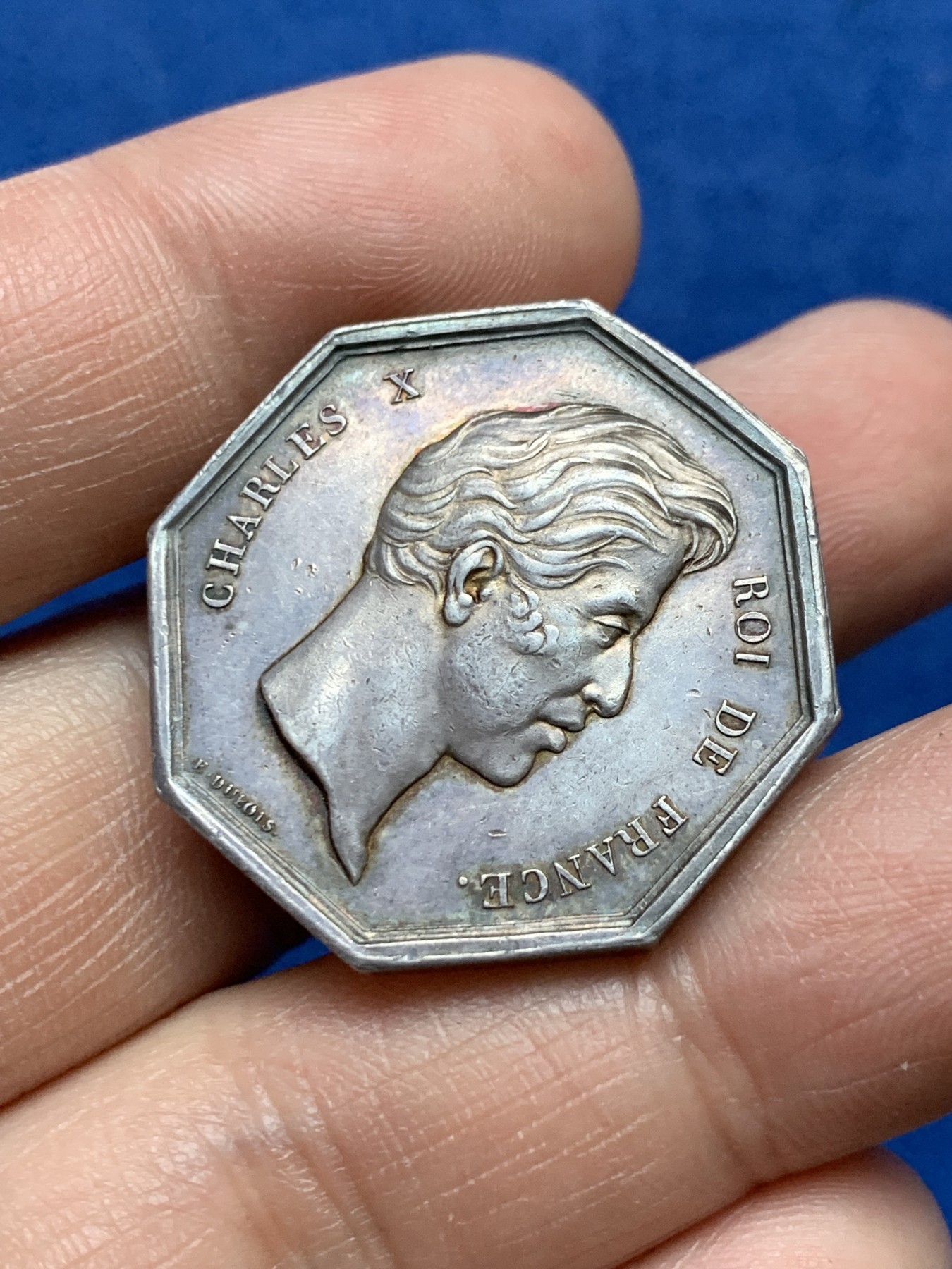 《竞宝斋》第262场-周日，周一，周二 3场连拍 (全场包邮) 法国警察和宪兵银质八角代币，“警惕的公鸡” 14.38g，29.8mm，早期无边铭