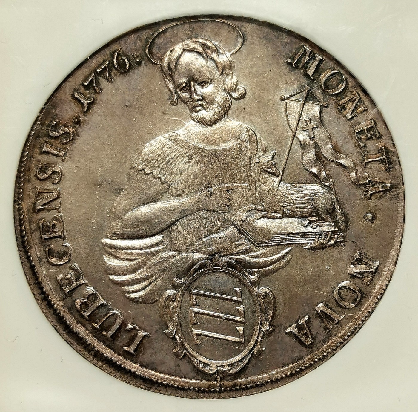 凡希社世界钱币微拍第二百六十六期 稀！1776HDF帝国自由市吕贝克圣约翰与羔羊泰勒大银NGC-MS63，欧陆铁灰包浆，色调深沉，一年型，神罗治下的北欧商业中心铸造的大型泰勒，设计精美，铸量稀少，值得入藏！