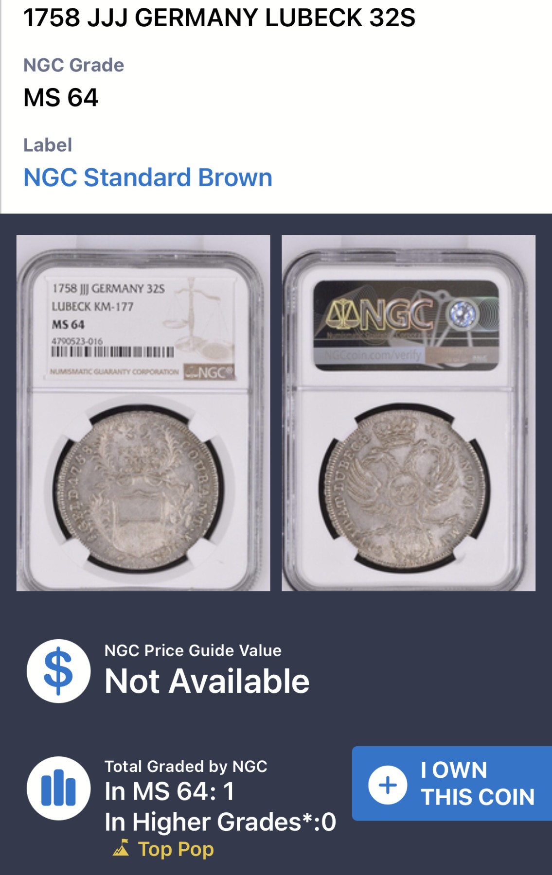 凡希社世界钱币微拍第二百六十六期 荐！1758JJJ帝国自由市吕贝克32先令（2/3泰勒）大银NGC-MS64，稀有的改版鹰型，淡紫罗兰彩，N唯一最高分！