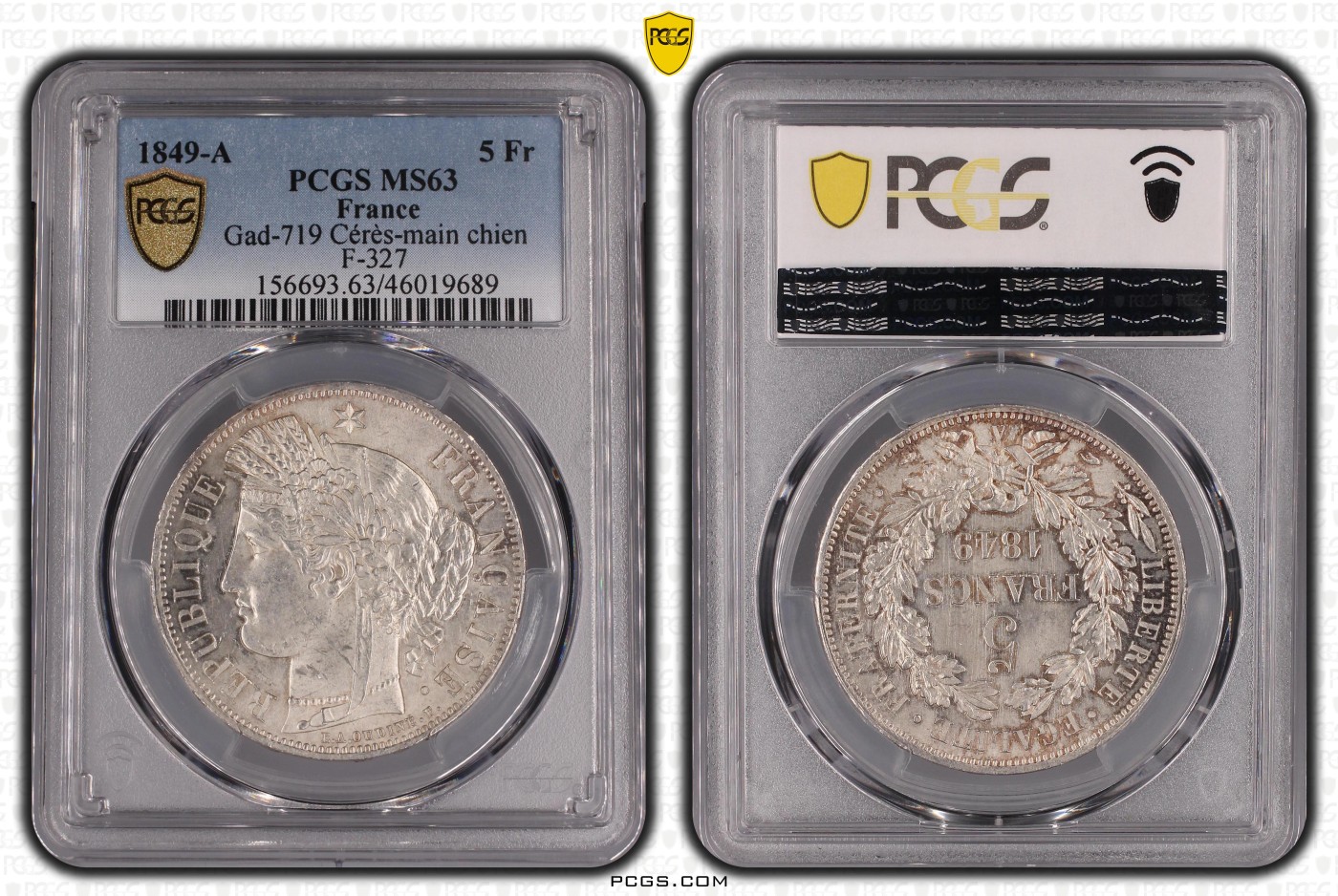 PCGS-MS63法国1849年谷物女神5法郎银币