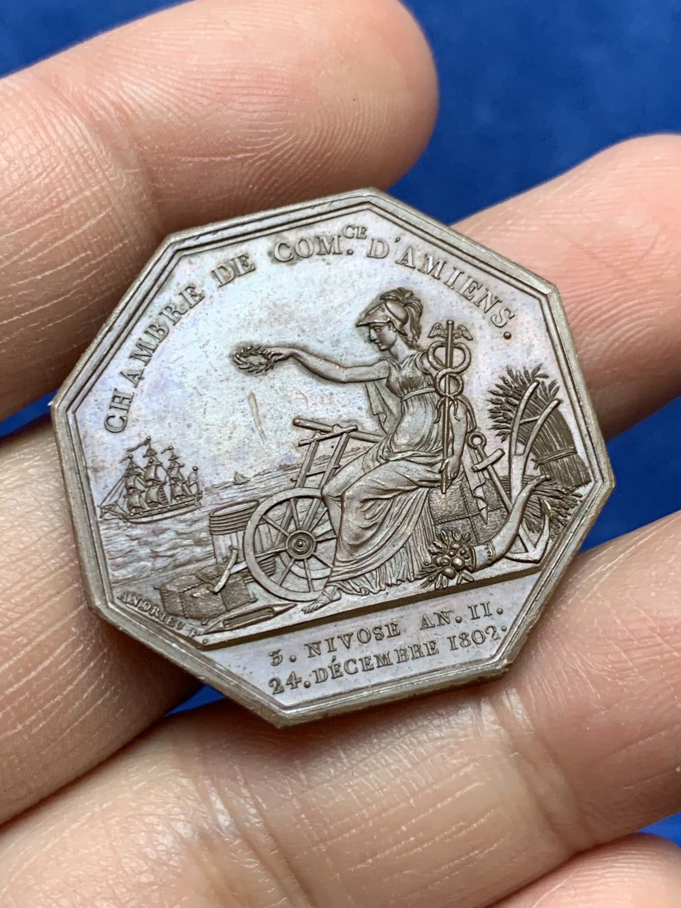 《竞宝斋》第262场-周日，周一，周二 3场连拍 (全场包邮) 法国八角代用铜币，亚眠商会，14.89g，31.7mm，无边铭