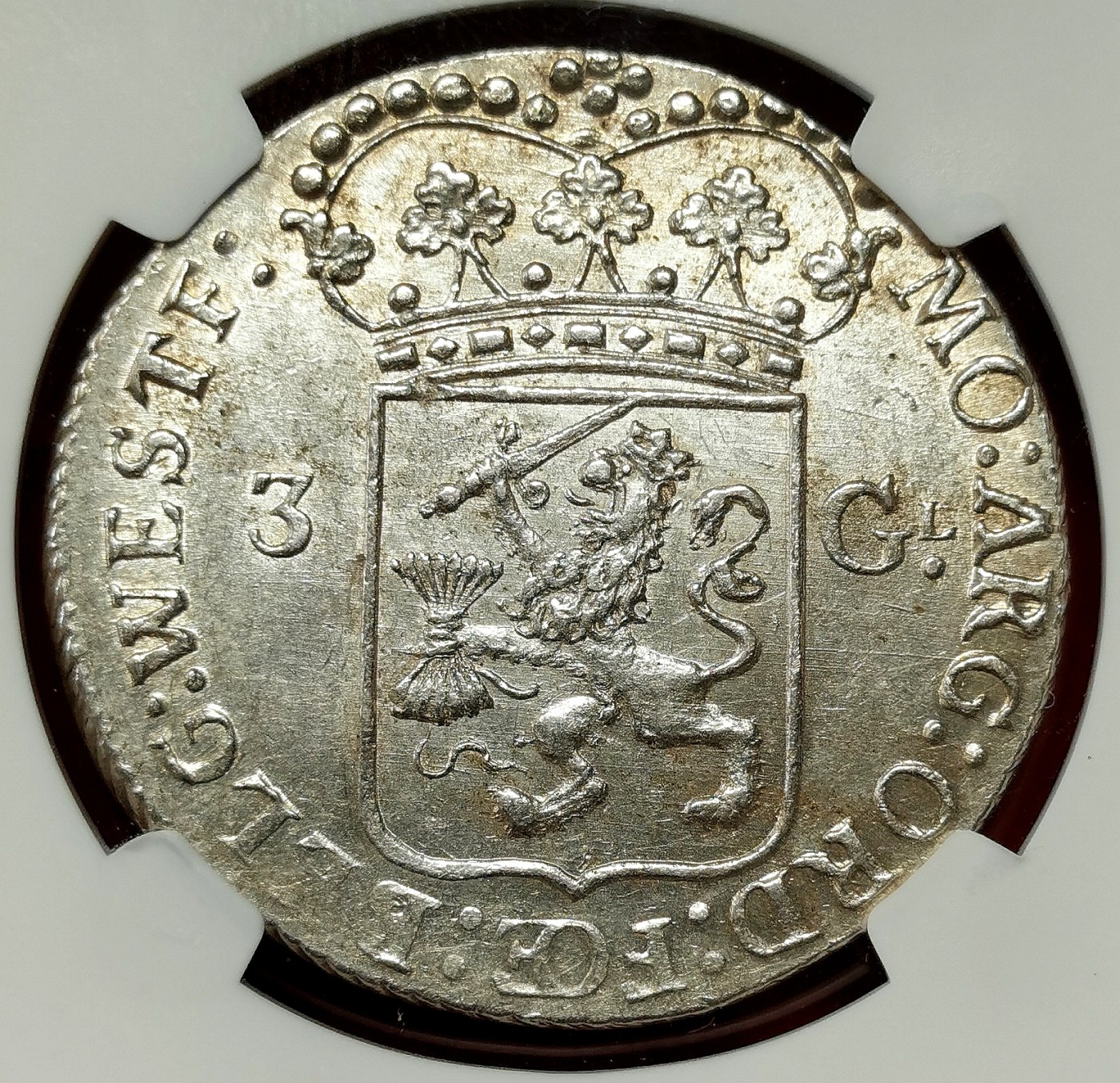 凡希社世界钱币微拍第二百六十六期 荐！1794联省共和国西弗里斯兰雅典娜3盾大银NGC-MS62，银光品，质感一流，系列关门年份！请参考视频。