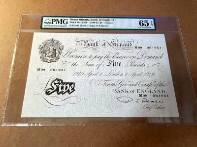 【Blue Auction】✨世界纸币精拍第464期【精】 - 【无47】英国 1949-55年5镑 PMG65EPQ 大票幅 白色英镑