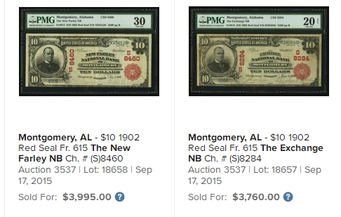 【Blue Auction】✨世界纸币精拍第464期【精】   【珍品 182小号 红库印少见 手签飘逸】美国 阿拉巴马州 1902年10美金 PMG64EPQ 全新原票 正面人物为美国第25任总统威廉·麦金莱 大票幅雕刻精美 （1905年获得特许，允许资本额仅为25000美元的这个位于65号洲际公路附近的小城镇设立银行。如今该银行仅有19张纸币幸存下来，作为发行量极少的红库印版，这张纸币展示了120年前原始状态，该高分罕见。） 