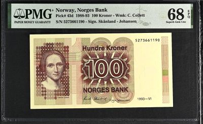 《张总收藏》146期-外币精品荟萃 - 挪威100克朗 PMG68E 挪威作家科莱特 无4 冠军分