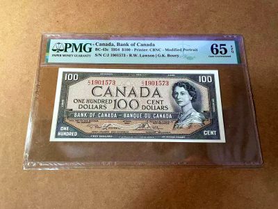 【Blue Auction】✨世界纸币精拍第464期【精】 -  加拿大 1954年100元 女王 PMG65EPQ 背面风景唯美