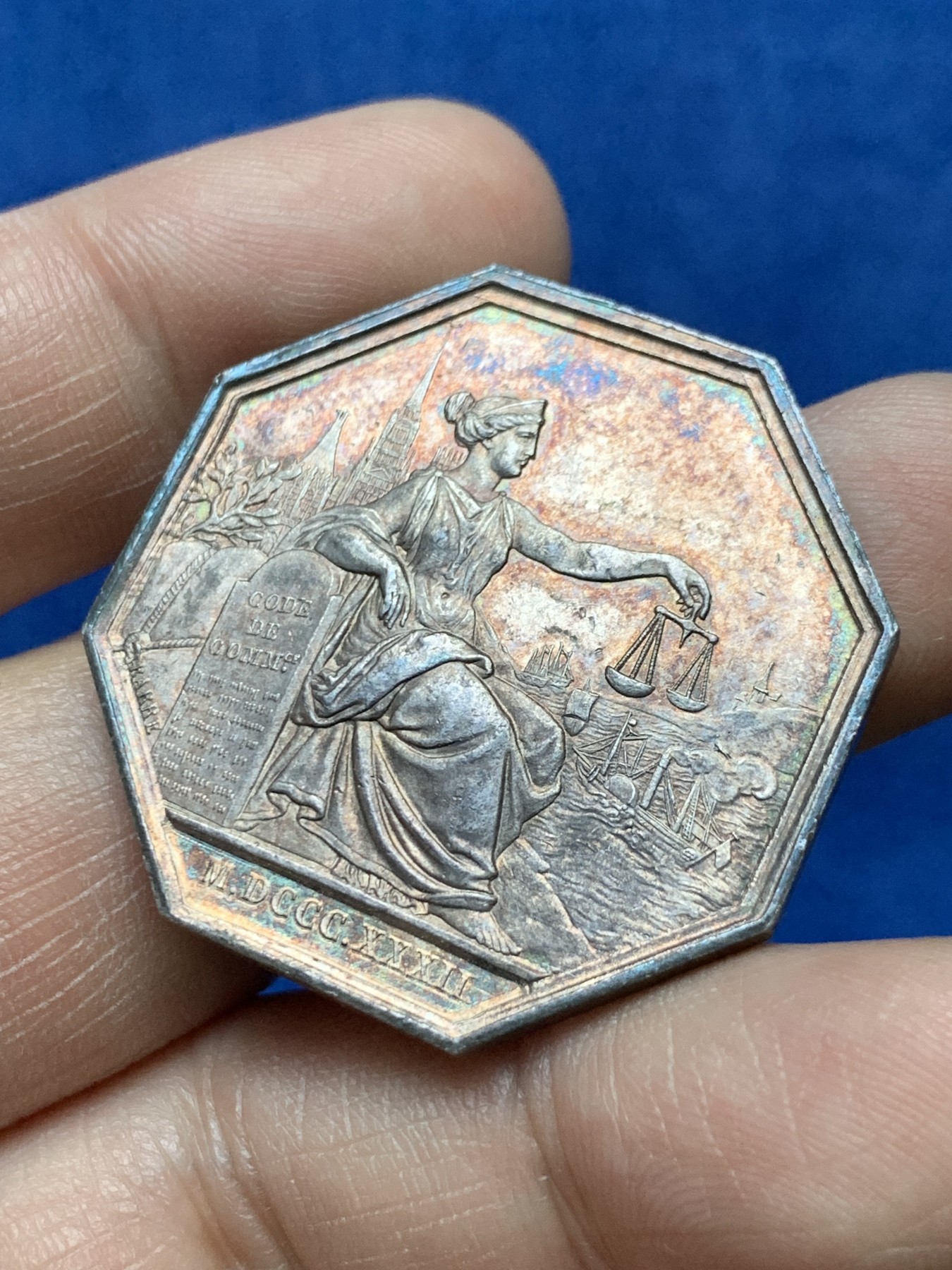 《竞宝斋》第262场-周日，周一，周二 3场连拍 (全场包邮) 法国1832年鲁昂商事法庭八角银质代币，19.57g，36.2mm，1832-1841神灯边铭