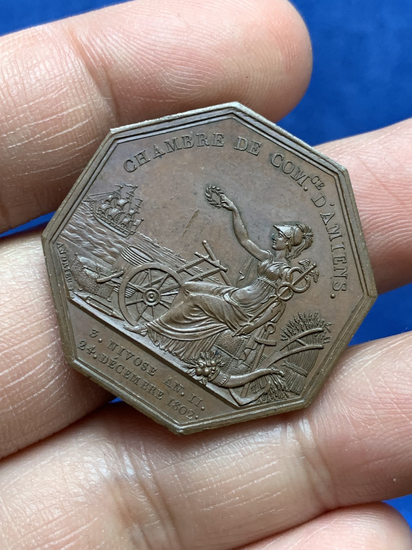 《竞宝斋》第262场-周日，周一，周二 3场连拍 (全场包邮) 法国八角代用铜币，亚眠商会，14.89g，31.7mm，无边铭