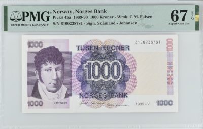 《张总收藏》147期-外币精品云集 - 挪威1989年首发年1000克朗最高值PMG67E高分无4 挪威民族主义政治领袖发尔森 更高分仅7张 Pick#45a