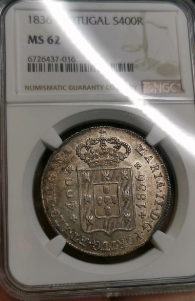 凡希社世界钱币微拍第二百六十六期 1836葡萄牙玛丽二世400R十字银币NGC-MS62，淡金彩养眼！请参考视频。