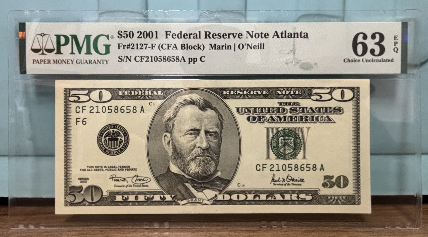 Chase Auction 第28期 - - 外钞、民国钞和人民币混合场！ 2001年 大头版 50美元（大头版50美元仅发行了两个年份1996+2001）稀缺品种 F区首发A冠 号码无347 PMG严格评级63EPQ