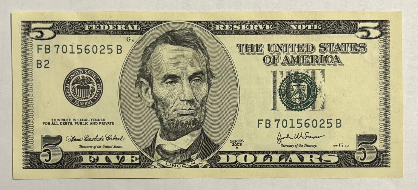 Chase Auction 第28期 - - 外钞、民国钞和人民币混合场！ 2003A 5美元 大头版 联邦储备券
