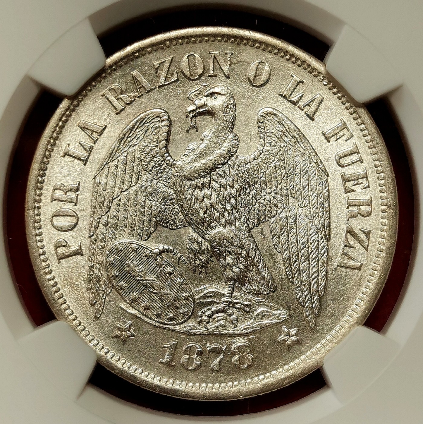 凡希社世界钱币微拍第二百六十六期 荐！1878SO智利鹰执盾徽比索大银NGC-MS63，原色银光收藏级！