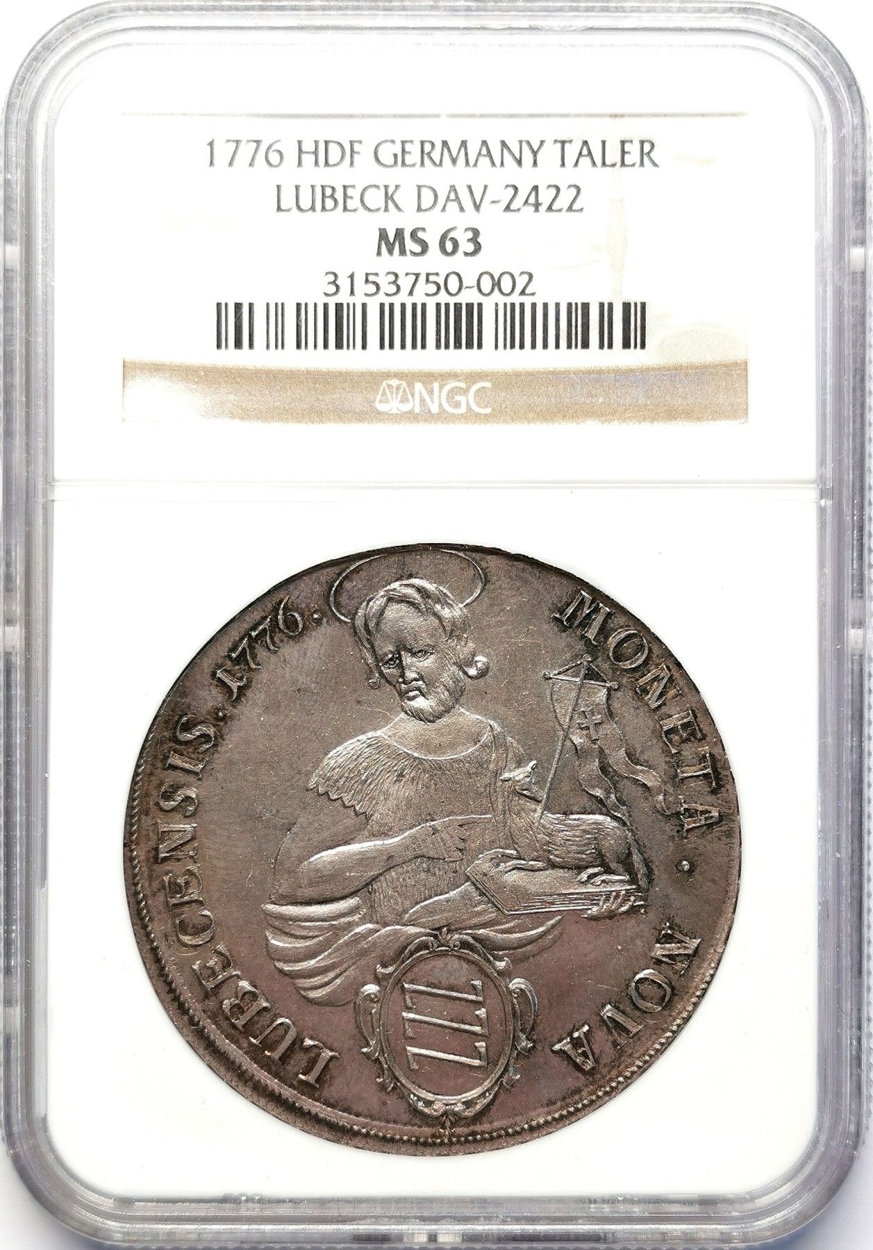 凡希社世界钱币微拍第二百六十六期 稀！1776HDF帝国自由市吕贝克圣约翰与羔羊泰勒大银NGC-MS63，欧陆铁灰包浆，色调深沉，一年型，神罗治下的北欧商业中心铸造的大型泰勒，设计精美，铸量稀少，值得入藏！