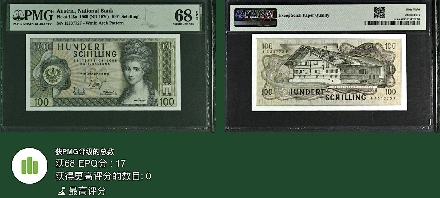 《张总收藏》146期-外币精品荟萃 奥地利100先令 PMG68E 1969年 瑞士女画家考夫曼 无4 冠军分
