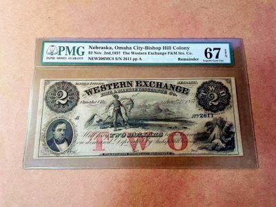 【Blue Auction】✨世界纸币精拍第464期【精】 - 【2611号】美国 内布拉斯卡州 1857年2美金 印第安人 PMG67EPQ 顶级高分 老壳 大票幅 