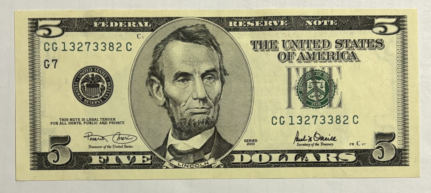 Chase Auction 第28期 - - 外钞、民国钞和人民币混合场！ 2001 5美元 大头版 联邦储备券 号码无4 