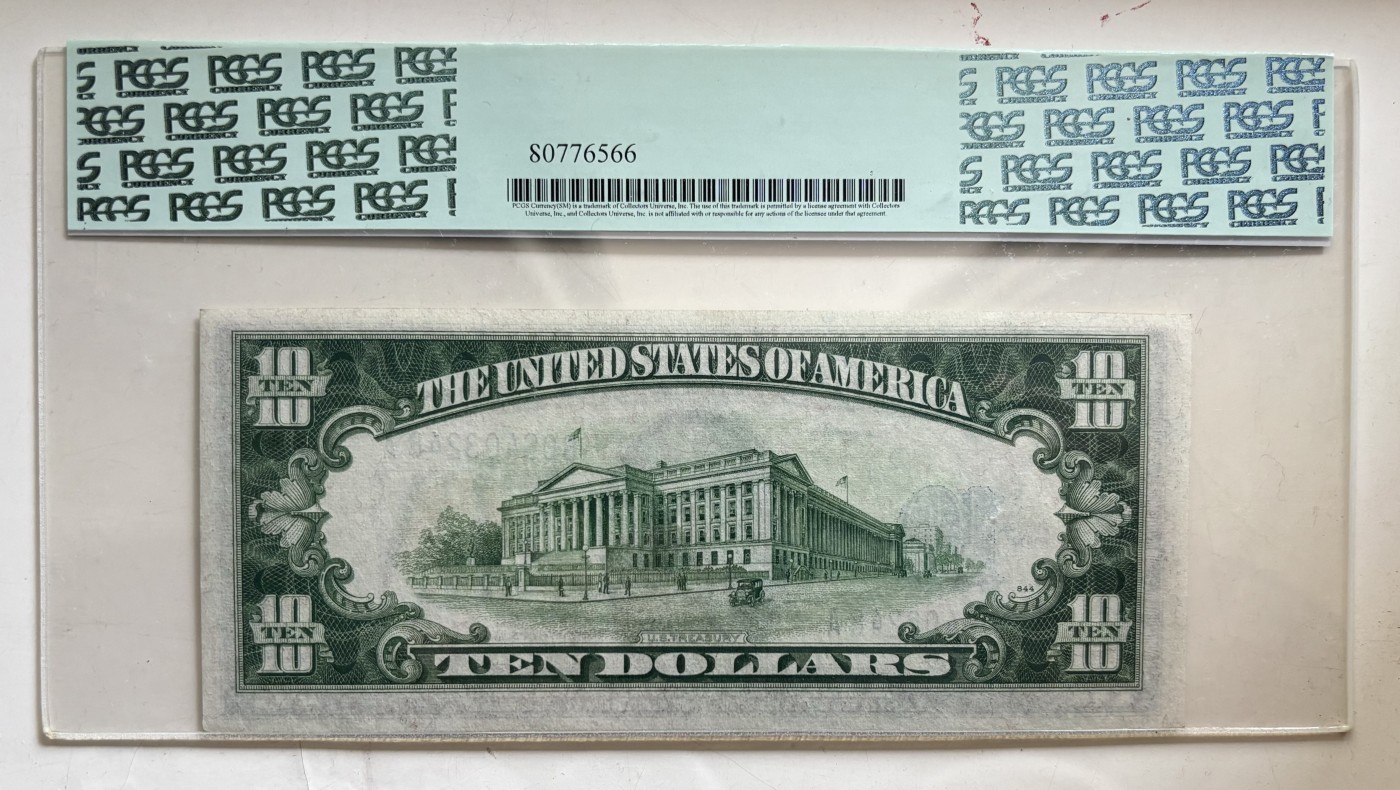 Chase Auction 第28期 - - 外钞、民国钞和人民币混合场！ 1934A 10美元 银币券 棕色库印 二战“北非券”雕刻精美 PCGS早期严格评级 64PPQ
