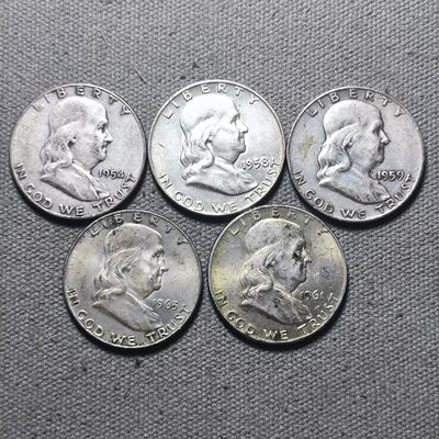 一百三十七期 四月第3拍 - 4.3.12美国富兰克林银币5枚，不同年份，12.5克900高银