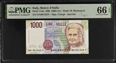 《张总收藏》147期-外币精品云集 - 意大利1990年第一签名1000里拉PMG66E无47豹子222 教育家蒙台梭利