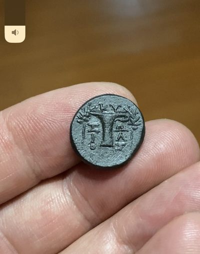 古希腊月亮女神阿尔忒弥斯和酒杯图铜币 公元前165-前90年发行。 正面：月亮女神阿尔忒弥斯头像， 背面：酒杯图与棕树  16毫米，3,80克   古希腊月亮女神阿尔忒弥斯和酒杯图铜币 公元前165-前90年发行。 正面：月亮女神阿尔忒弥斯头像， 背面：酒杯图与棕树  16毫米，3,80克  