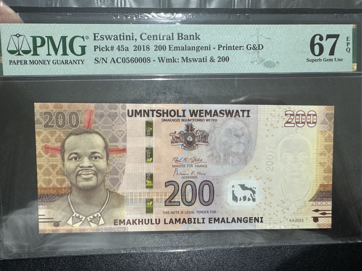 《外钞收藏家》第三百六十二期 2018年斯瓦蒂妮200 PMG67 无47尾8