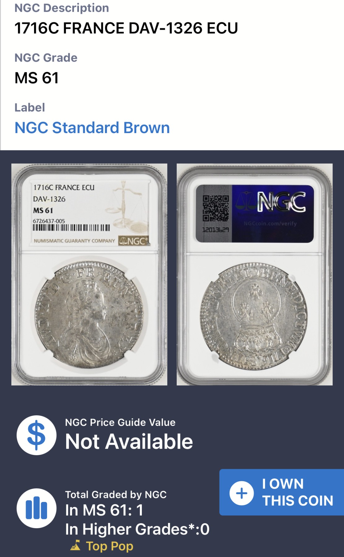 凡希社世界钱币微拍第二百六十六期 荐！1716C法国路易十五埃居大银NGC-MS61，难得全深打，原色银光，N唯一冠军分！卡昂厂好品难得，法系高阶藏家必入，请参考视频～