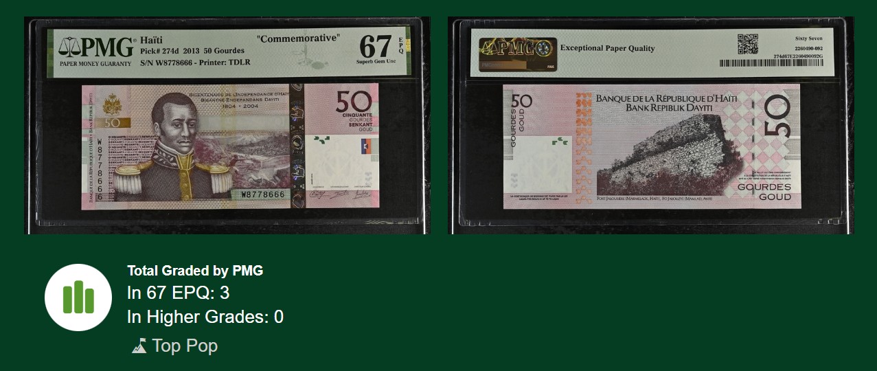 《张总收藏》147期-外币精品云集 海地2013年50古德PMG67E冠军分数三豹子号666 独立200周年纪念钞