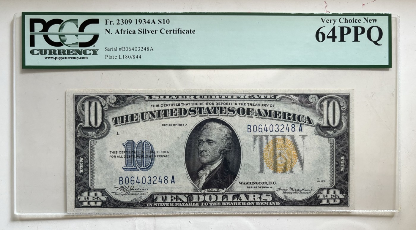 Chase Auction 第28期 - - 外钞、民国钞和人民币混合场！ 1934A 10美元 银币券 棕色库印 二战“北非券”雕刻精美 PCGS早期严格评级 64PPQ
