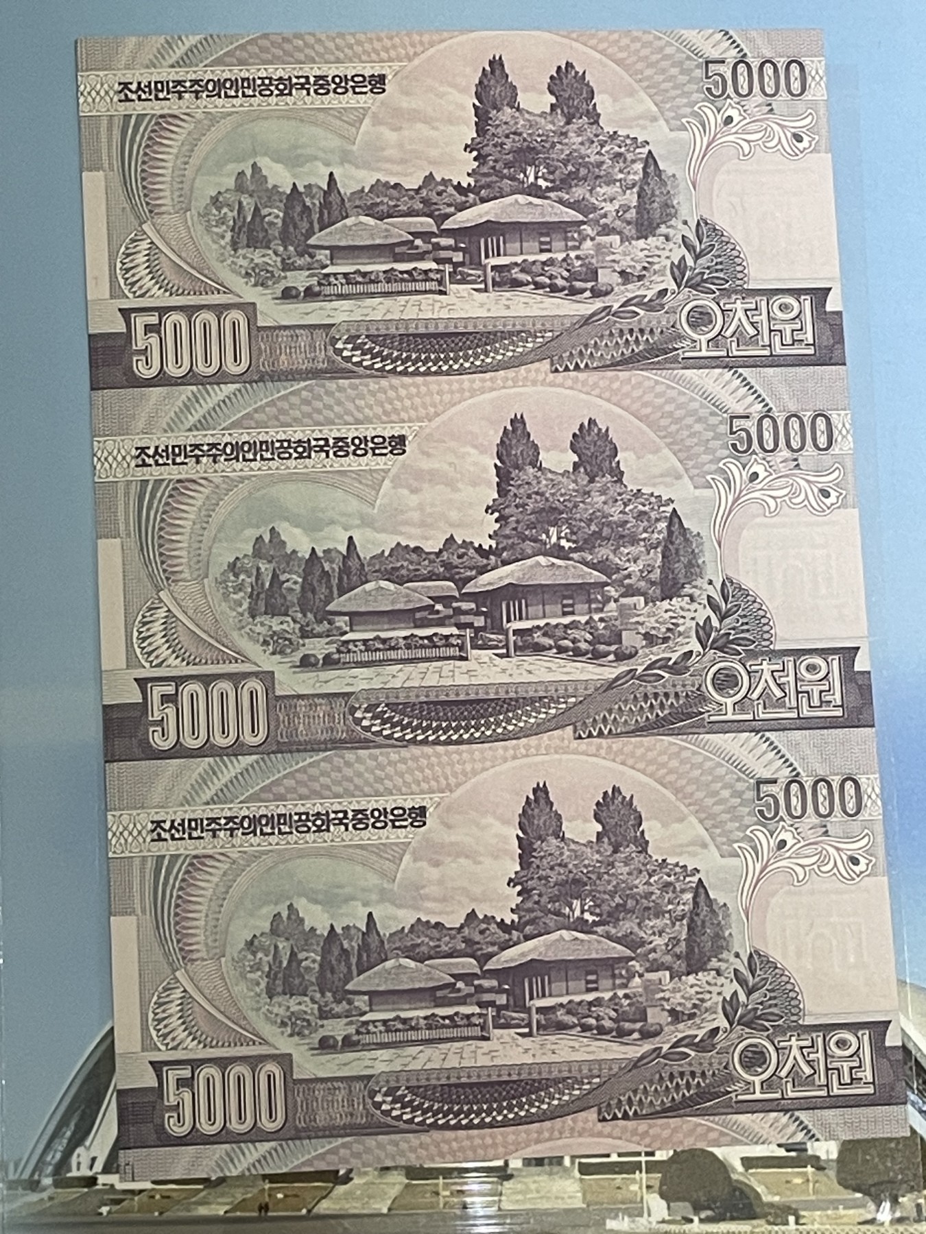 世界各国纸币、朝鲜钞、连体钞、豹子号888等靓号专场 【第四场】 朝鲜5000元 3连体 无4，7 尾号88 全新 带册