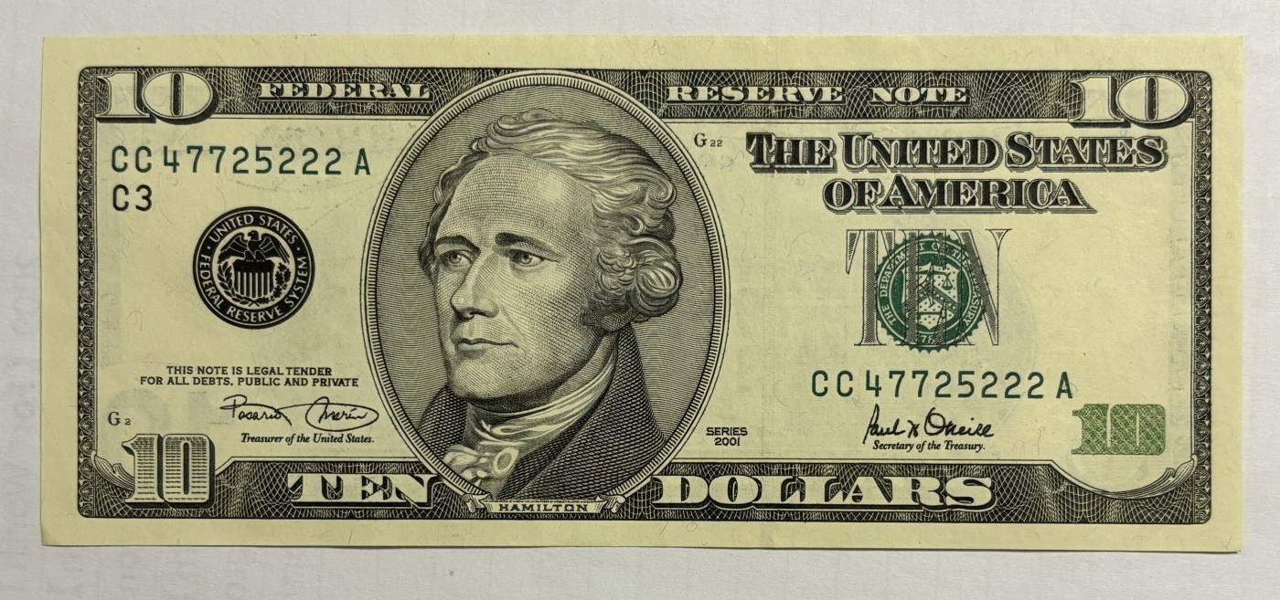 Chase Auction 第28期 - - 外钞、民国钞和人民币混合场！ 2001年 大头版 10美元 C区首发A冠 豹子尾222