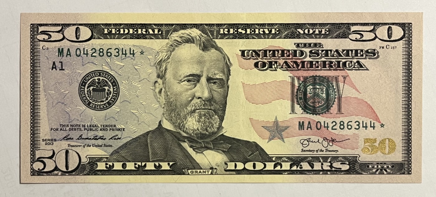 Chase Auction 第28期 - - 外钞、民国钞和人民币混合场！ 2013 50美元 彩色版 联邦储备券 星⭐补号 少见