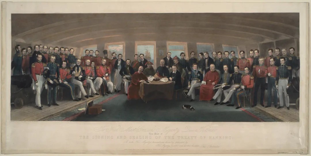 英国1842年第一次鸦片战争奖章 原绶带 带边铭 带档案 授予英国远征舰队旗舰三等巡洋舰康华丽号的一等水兵约翰•欧文斯，南京条约也在该船上签订，意义非凡，展示