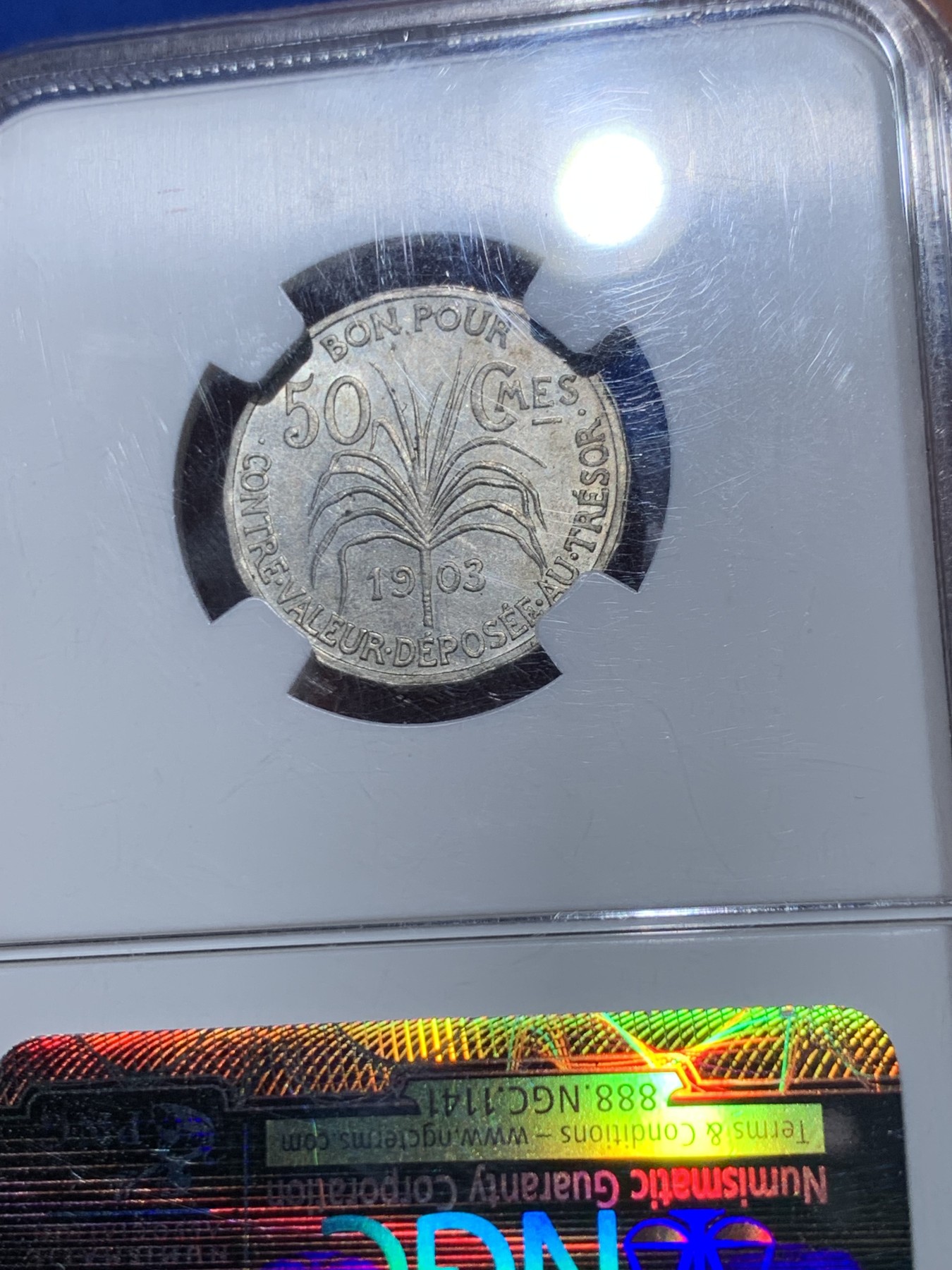 《竞宝斋》第260场-周日，周一，周二 3场连拍 (全场包邮) NGC MS62 1903年瓜德罗普法国殖民地50生丁  稀少的1903版