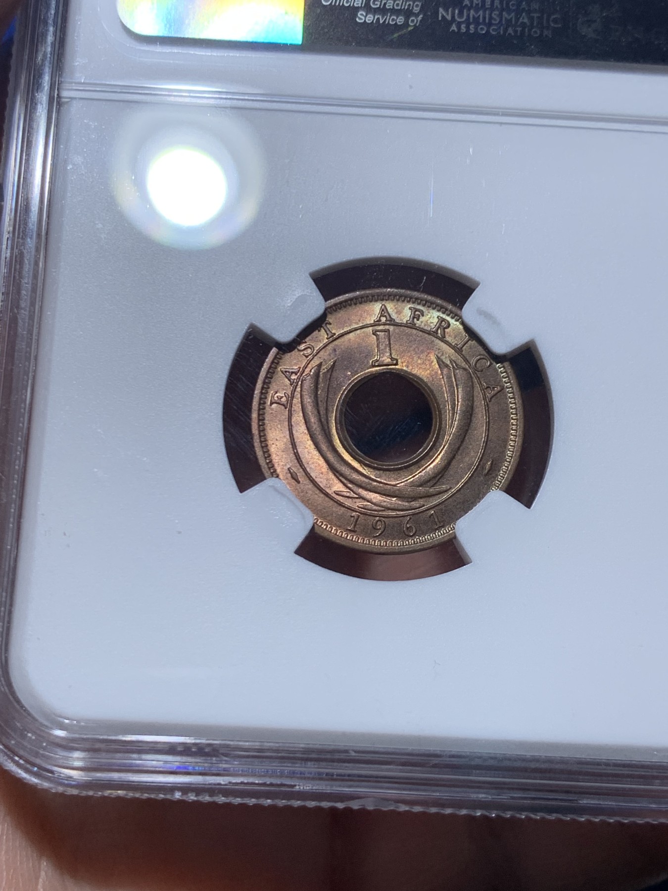 《竞宝斋》第260场-周日，周一，周二 3场连拍 (全场包邮) 两枚一组 NGC MS63/MS64RB 英属东非1911/1961年1分中孔币，从乔治五世东非乌干达保护地到伊丽莎白二世东非殖民地，相隔半个世纪的相遇