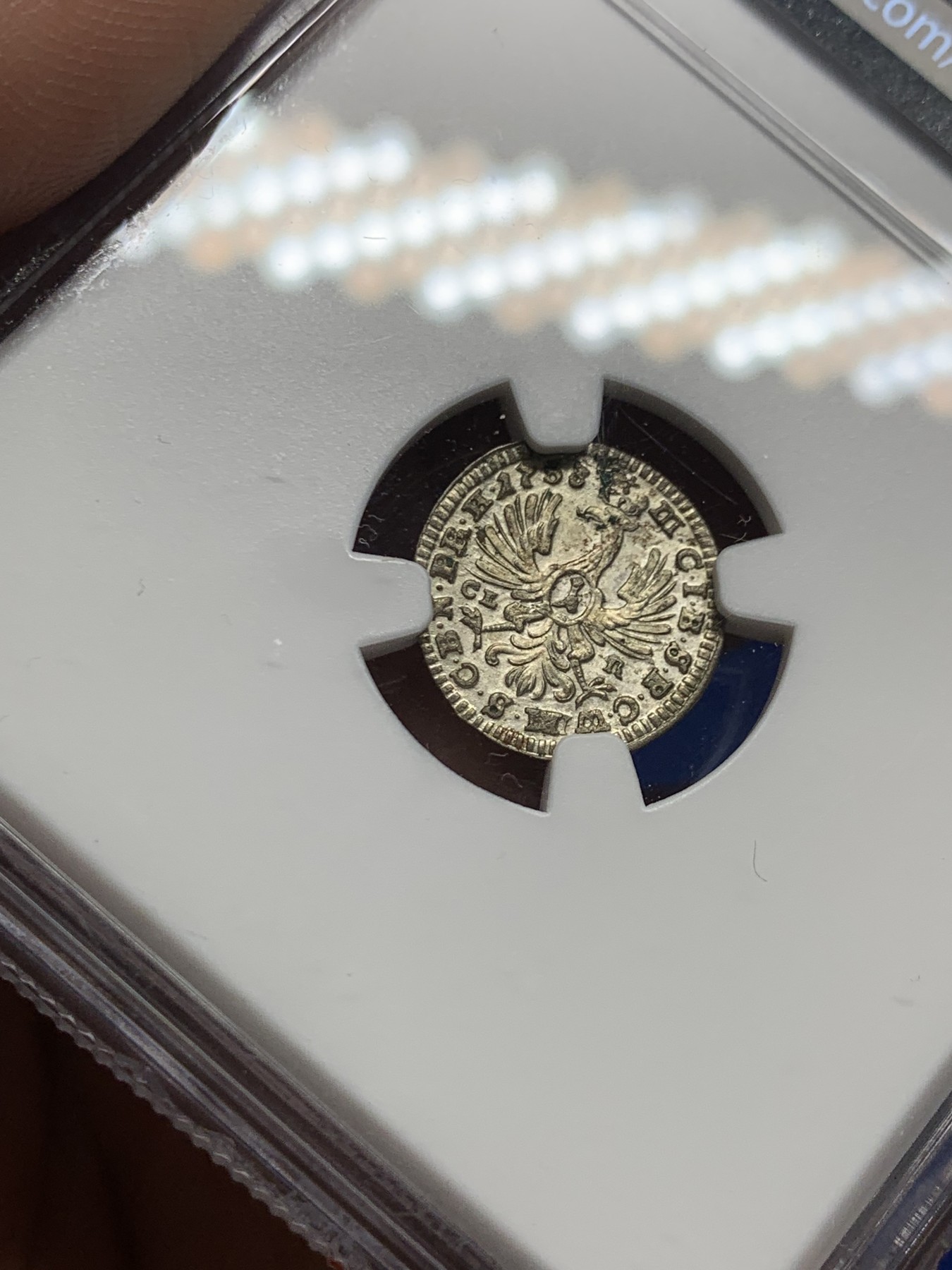 《竞宝斋》第260场-周日，周一，周二 3场连拍 (全场包邮) 季军分 NGC MS62 德国1753年勃兰登堡-拜罗伊特1克鲁泽小银币，特别漂亮。