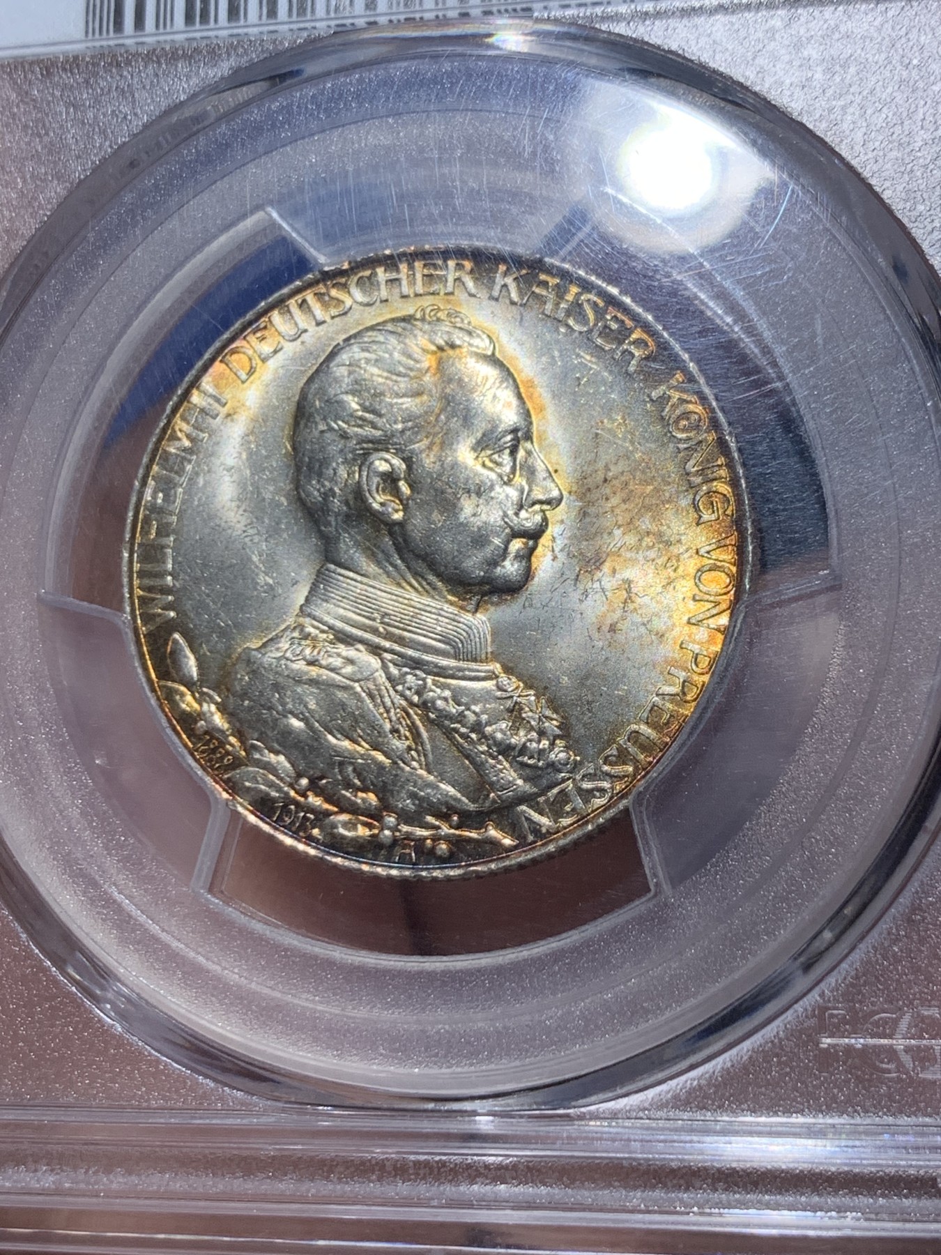 《竞宝斋》第260场-周日，周一，周二 3场连拍 (全场包邮) PCGS MS64 德国普鲁士1913年A版威廉二世军装2马克银币 原光淡彩包浆