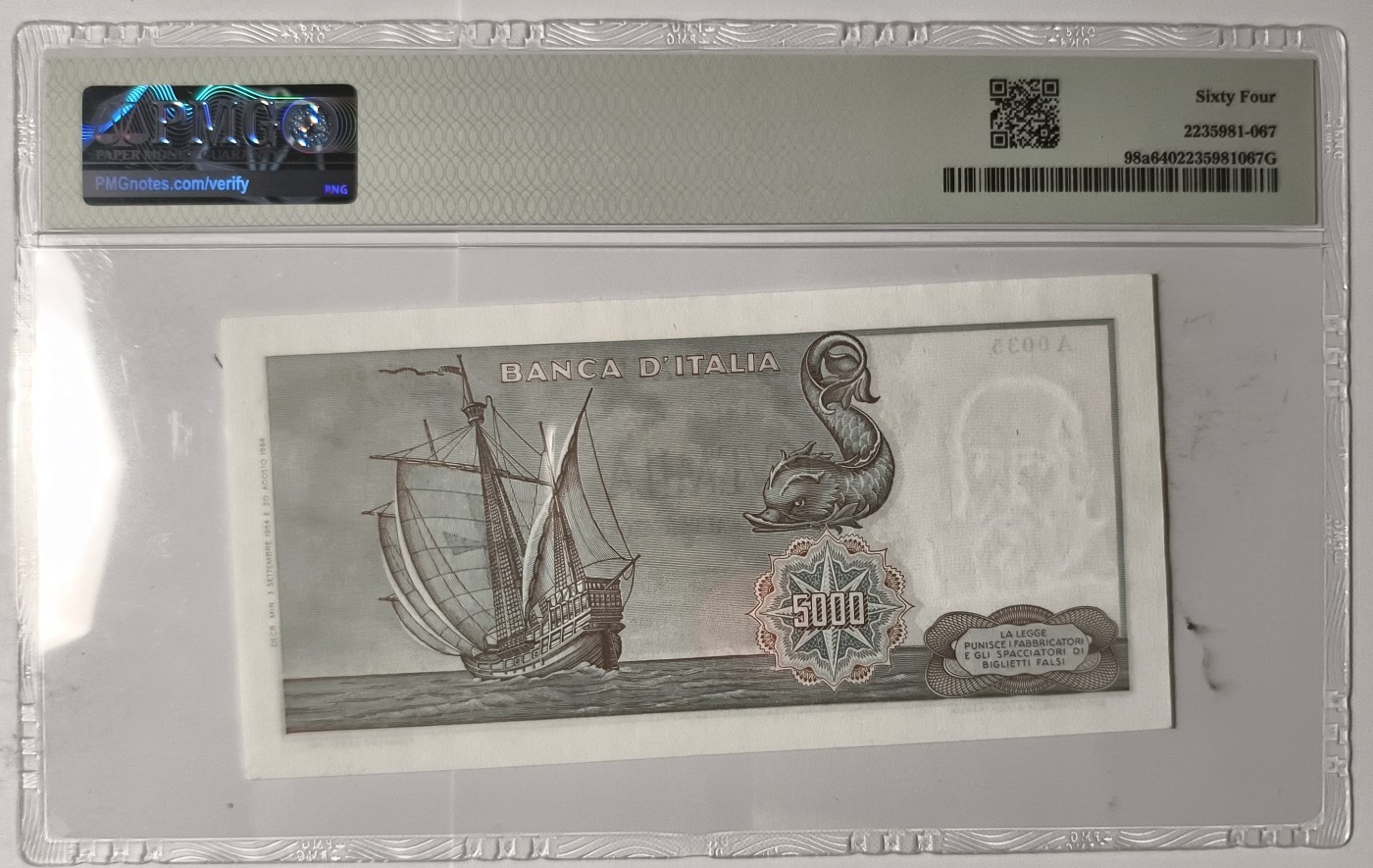 紫瑗钱币——第341期拍卖——纸币场 【PMG 64】意大利 1964年 哥伦布与他的船队 5000里拉 (P-98a)