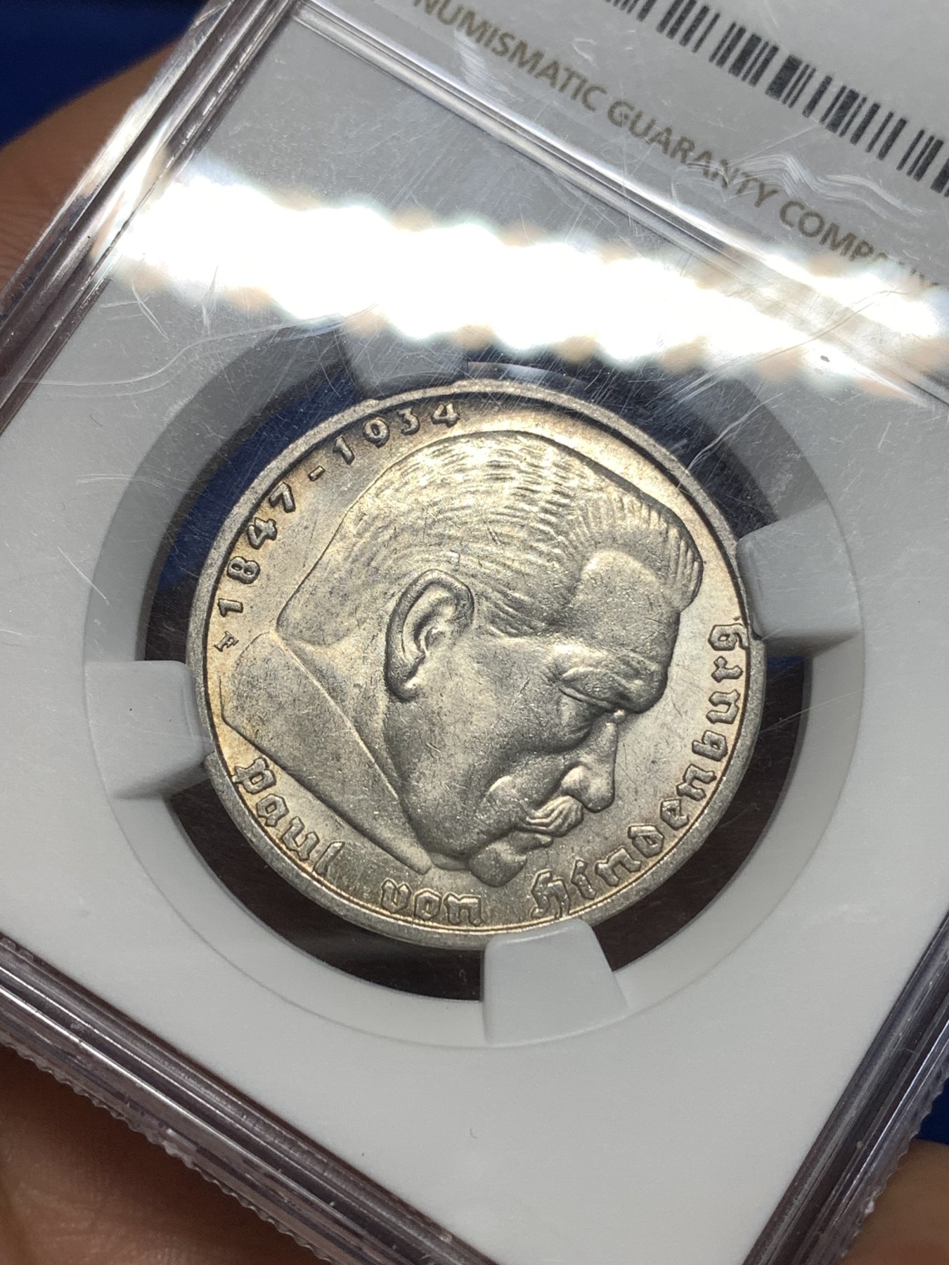 《竞宝斋》第260场-周日，周一，周二 3场连拍 (全场包邮) NGC MS63 德国1938F兴登堡原光5马克银币，发行量74W，少见厂别