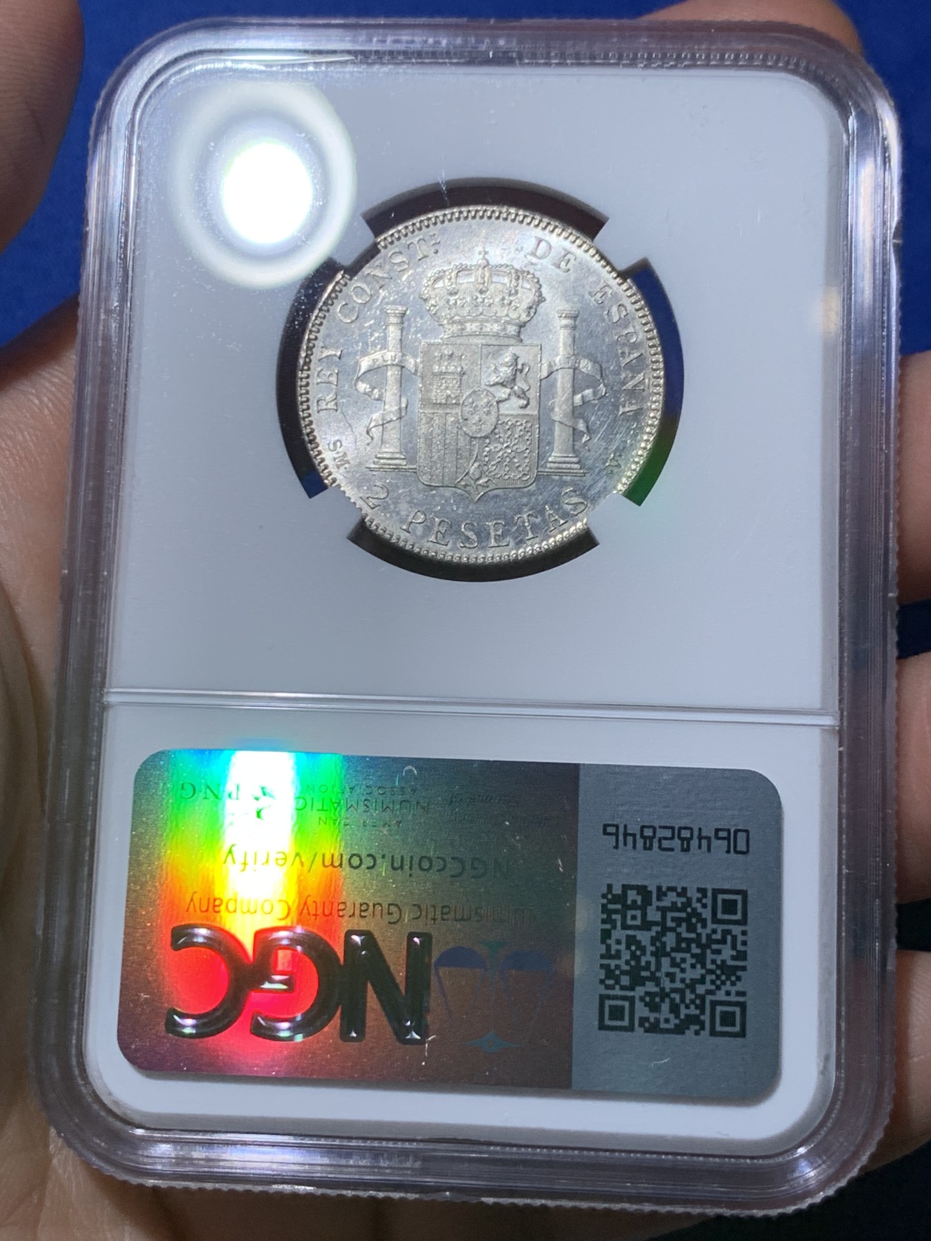 《竞宝斋》第260场-周日，周一，周二 3场连拍 (全场包邮) NGC MS62 西班牙1905阿方索十三世2比塞塔银币