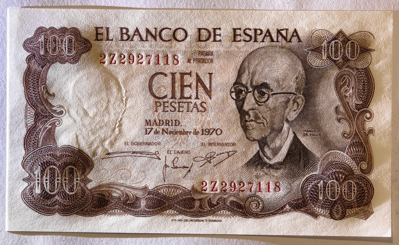 紫瑗钱币——第341期拍卖——纸币场 西班牙 1970(1974)年 曼努埃尔·德法拉 100比塞塔 UNC (P-152a)